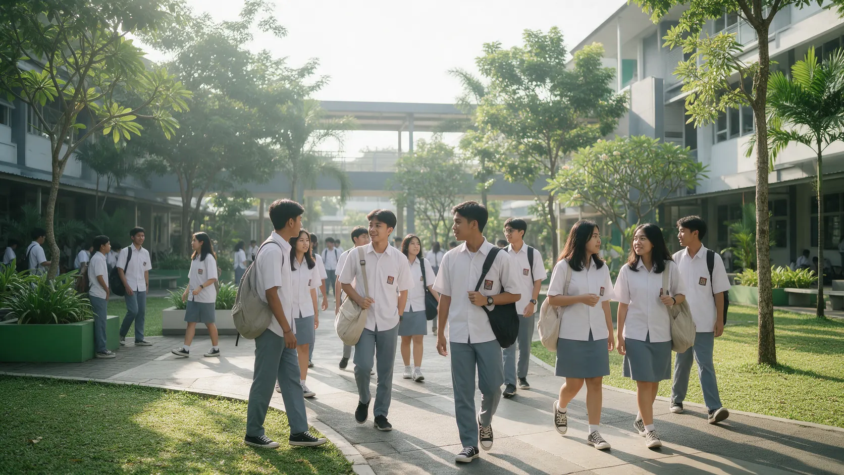 Siswa SMA Mustikane berjalan di halaman sekolah yang hijau