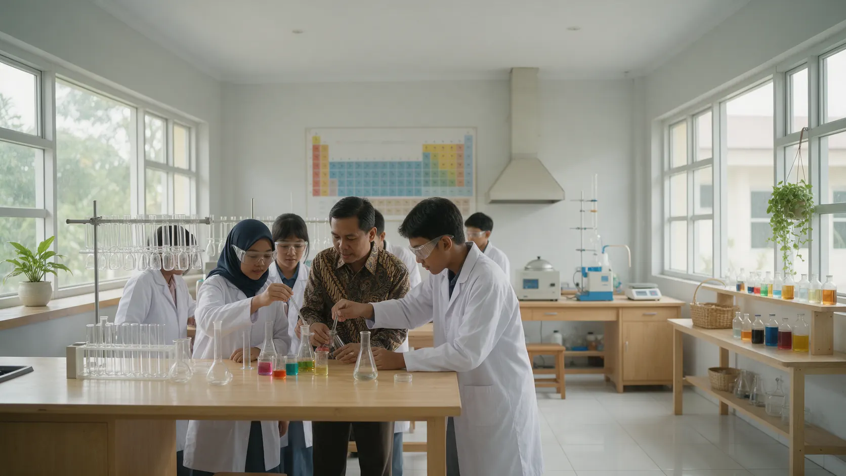 Siswa berjas laboratorium melakukan praktikum kimia didampingi guru