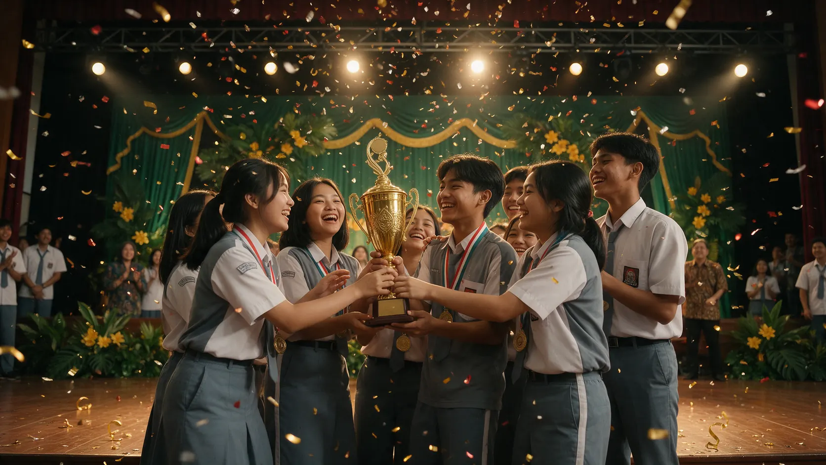 Siswa merayakan kemenangan dengan piala di panggung sekolah